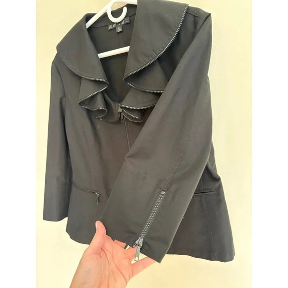 Lafayette 148 New York Black Blazer Career Jacket Size 12 Ruffled Zipper Necklin - Picture 5 of 13